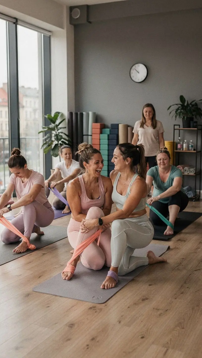Grupa osób ćwiczących jogę z wykorzystaniem taśm oporowych, koncentrujących się na tonowaniu ciała.