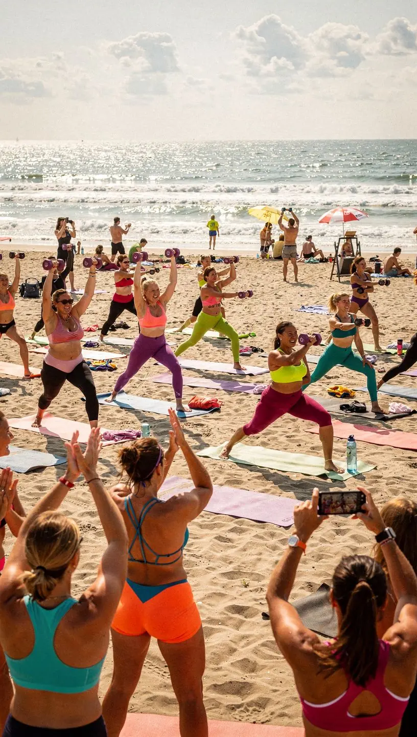 Grupa osób ćwiczących jogę z wykorzystaniem taśm oporowych, koncentrujących się na tonowaniu ciała.
